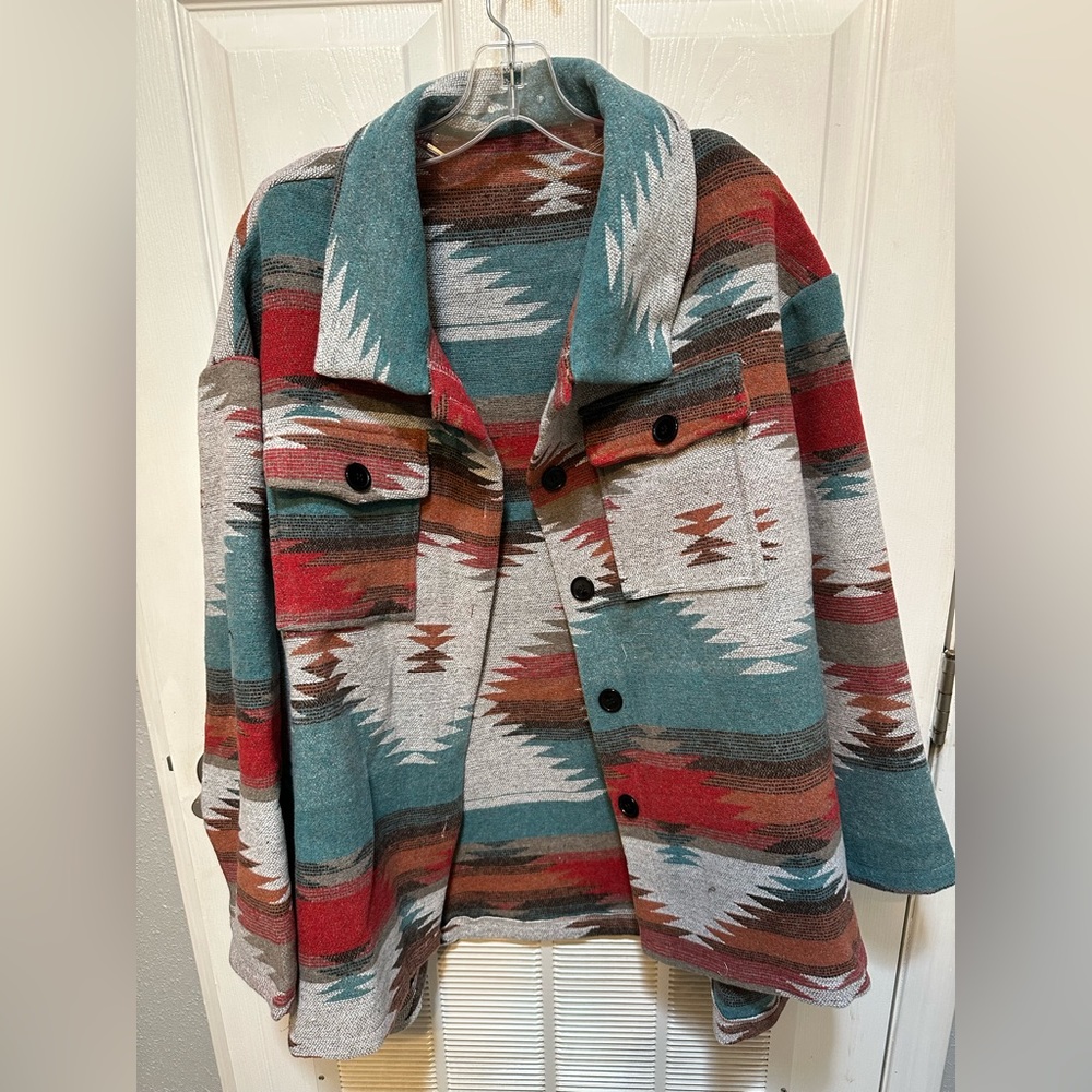 Women’s 2x teal and rust Aztec Shacket